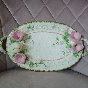Vintage Avon China Springtime Flowers and Duck Platter with Handles / Easter